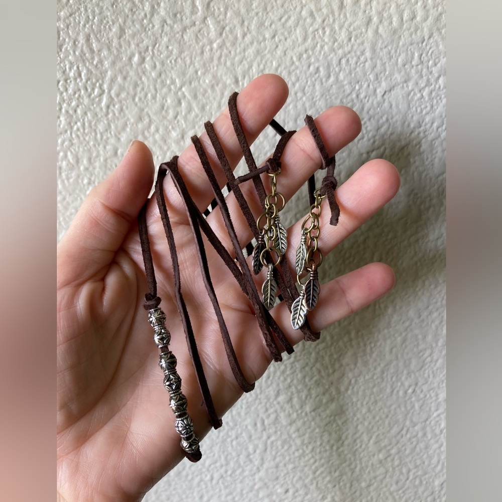 Boho Multi-Strand Suede Wrap Necklace with Silver Beads - Picture 2 of 5